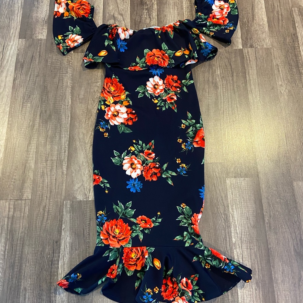 Vici Floral Off-Shoulder Dress - Navy and Red